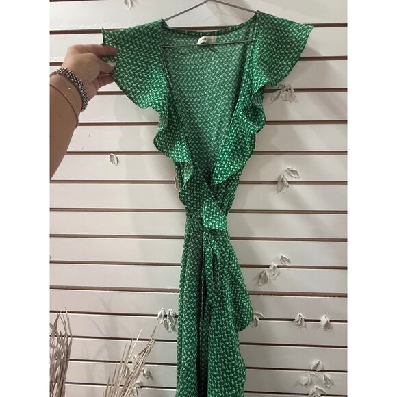 Max Studio Green Printed Asymmetric Midi Wrap Dress Ruffle Detail Size Large - Picture 2 of 5